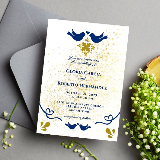 Invitation Inséparables Bleus Et Dorés Mariage Mexicain