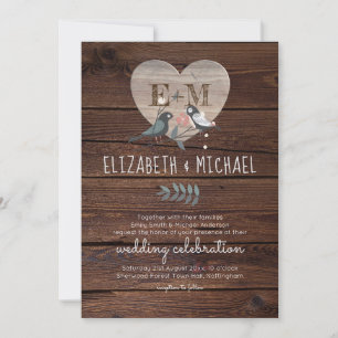 Invitation Inséparables de coeur gravé Mariage de bois rustiq