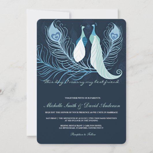 Invitation Inséparables de Peacock Pair Blue Wedding Invitati (Devant)