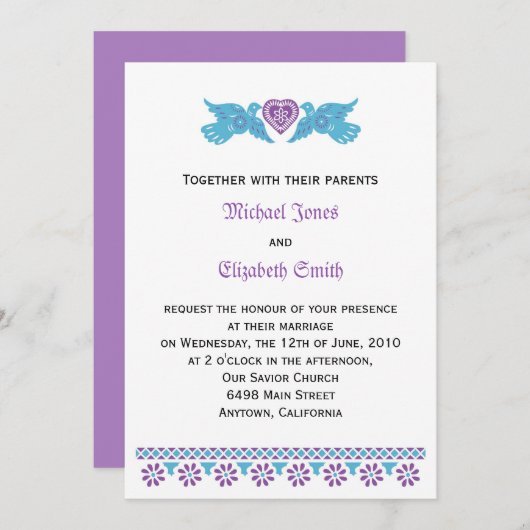 Invitation Inséparables mexicains - violet et bleu (Devant / Derrière)