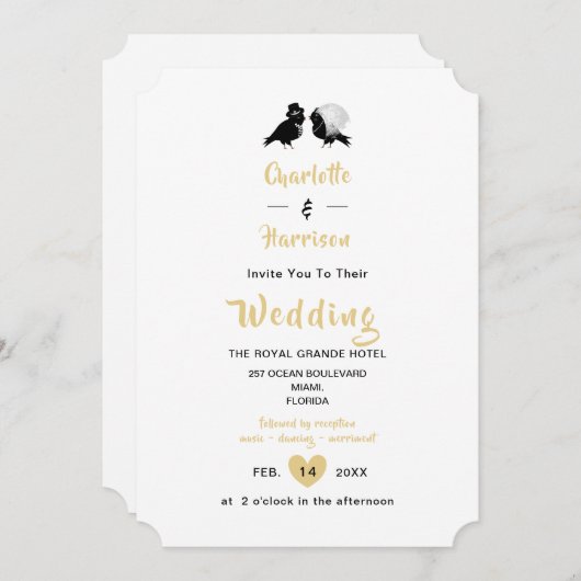 Invitation Inséparables mignons Black White Gold Mariage Invi (Devant / Derrière)