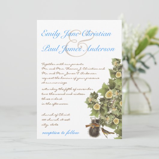 Invitation Inséparables Nesting Aqua Blue Font Mariage (Debout devant)