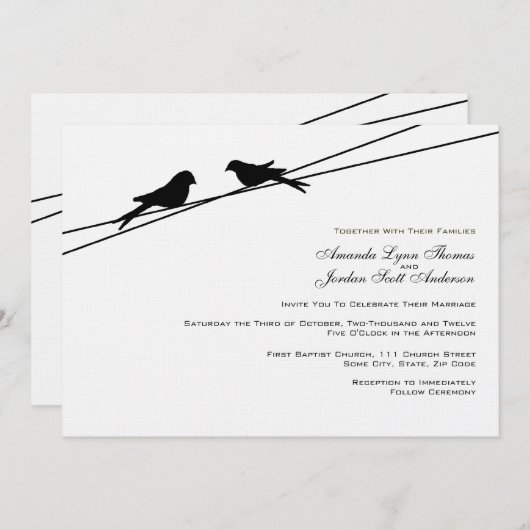 Invitation Inséparables noirs et blancs sur un fil (Devant / Derrière)