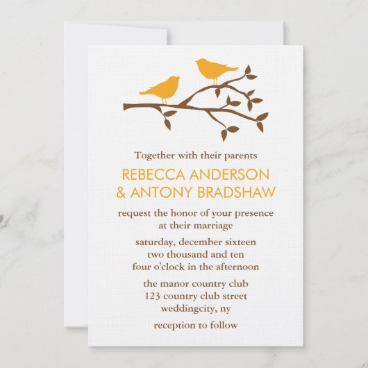 Invitation Inséparables oranges sur un mariage de branche (Devant)