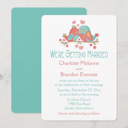 Invitation Inséparables Rose Bleu Vert Turquoise Mariage (Devant / Derrière)