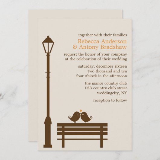 Invitation Inséparables sur le Mariage Park Bench (Devant / Derrière)