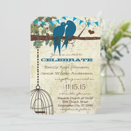 Invitation Inséparables turquoises assis dans un mariage d'ar (Debout devant)