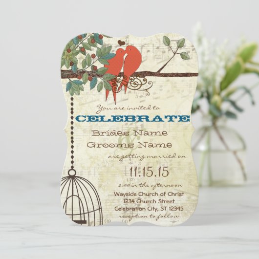 Invitation Inséparables turquoises assis dans un mariage d'ar (Debout devant)