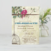 Invitation Inséparables Turquoises Roses Assis Dans Un Mariag (Debout devant)