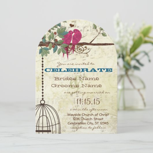 Invitation Inséparables Turquoises Roses Assis Dans Un Mariag (Debout devant)