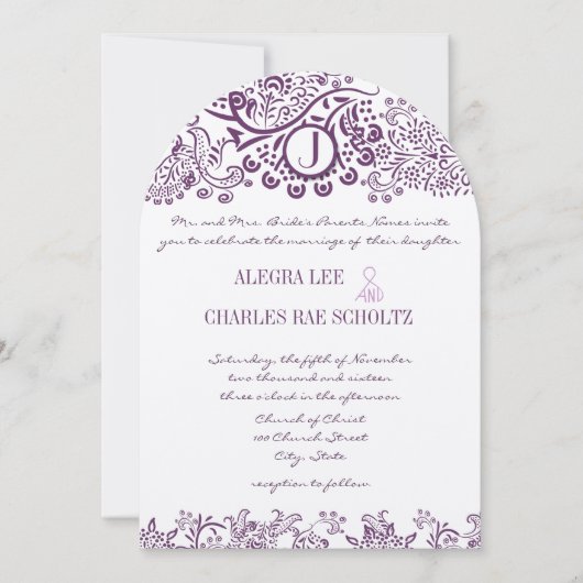 Invitation Inséparables violets Damask Monogram Mariages (Devant)