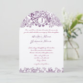 Invitation Inséparables violets Damask Monogram Mariages (Debout devant)