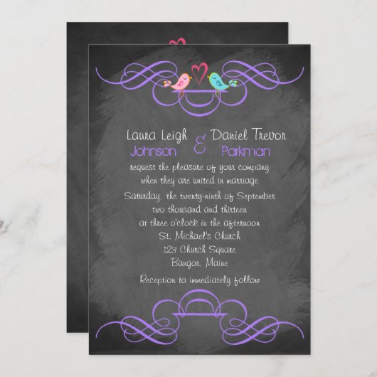 Invitation Inséparables Whimsical, Mariage Chalkboard - Viole (Devant / Derrière)