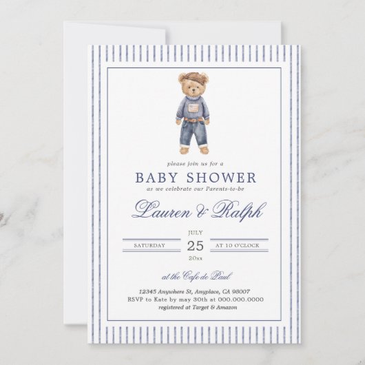 Invitation Inspired Blue Teddy Bear Baby Shower (Devant)