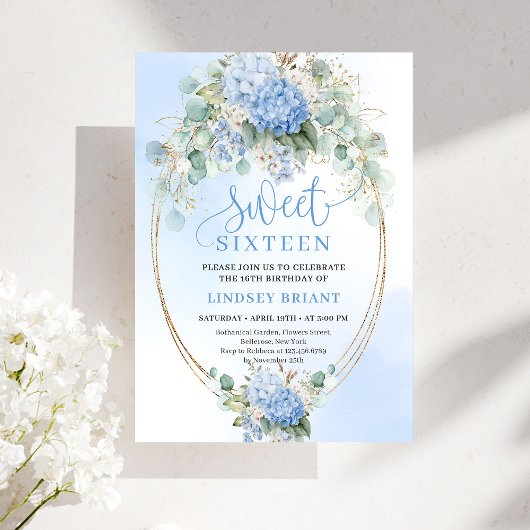 Invitation Instant Download Blue Floral Gold Sweet 16 Invite