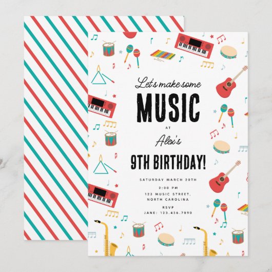 Invitation Instruments de musique Thème de fête d'anniversair (Devant / Derrière)
