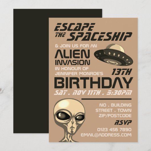 Invitation Invasion Alien Thème, Salle d'évasion, Fête d'anni (Devant / Derrière)