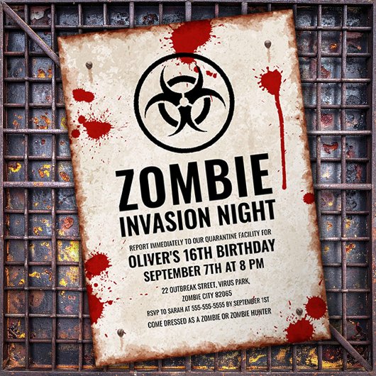 Invitation Invasion de zombies avec taches de sang et panneau