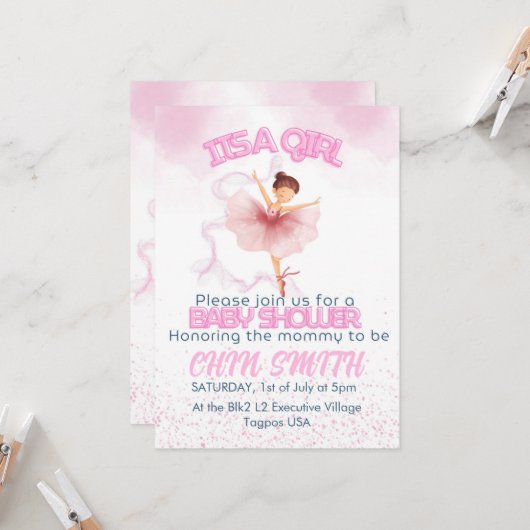 Invitation Invatation Baby shower Ballerina (Devant/Arrière en situation)
