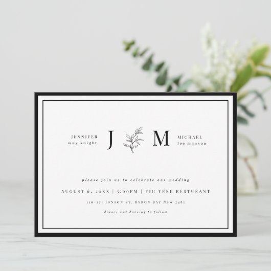 Invitation Invi de feuillage noir et blanc moderne et minimal (Debout devant)