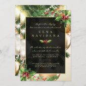 Invitation Invitación a una Cena Navideña Acebo y Adornos (Devant / Derrière)