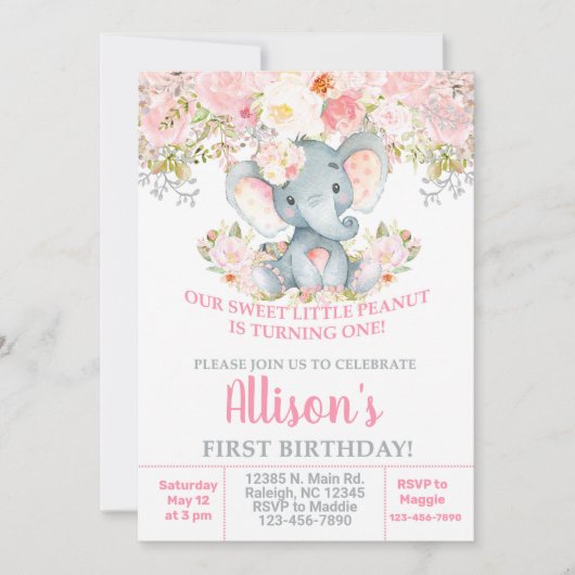 Invitation Invitación Anniversaire de l'éléphant rose et des  (Devant)