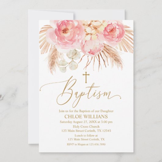 Invitation Invitación Baptism Floral pink Boho Pampas Girl In (Devant)