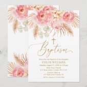 Invitation Invitación Baptism Floral pink Boho Pampas Girl In (Devant / Derrière)