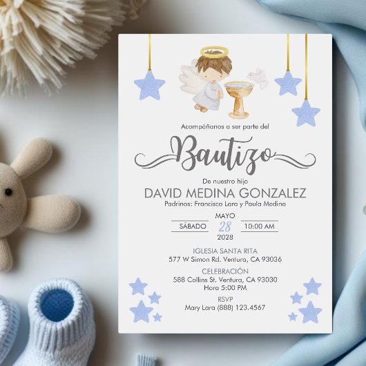 Invitation Invitacion Bautizo en espagnol Baptême Angel Boy