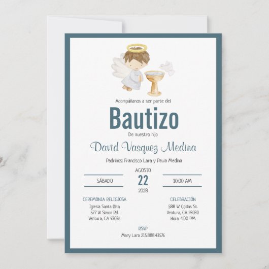 Invitation Invitacion Bautizo en espagnol Baptism Baby Boy (Devant)