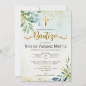 Invitation Invitacion Bautizo Feuilles verts Baptême religieu (Devant)