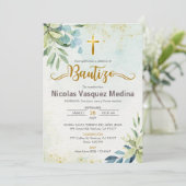 Invitation Invitacion Bautizo Feuilles verts Baptême religieu (Debout devant)