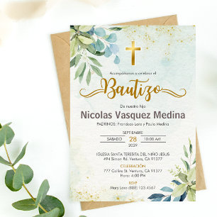 Invitation Invitacion Bautizo Feuilles verts Baptême religieu