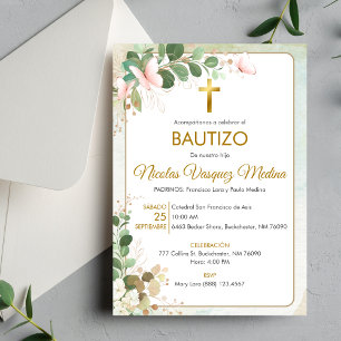 Invitation Invitacion Bautizo Feuilles verts Baptême religieu