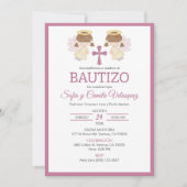 Invitation Invitacion Bautizo filles Baptism mignon Twin Angl (Devant)