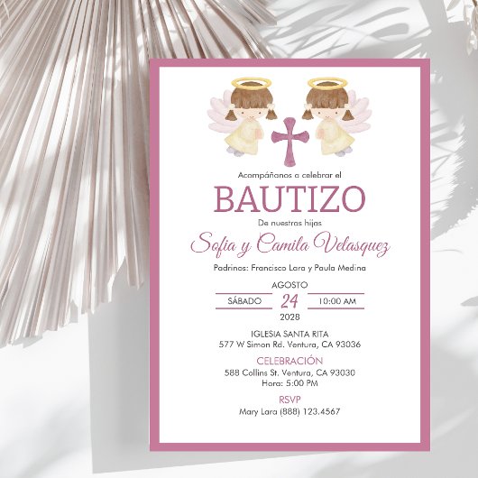 Invitation Invitacion Bautizo filles Baptism mignon Twin Angl