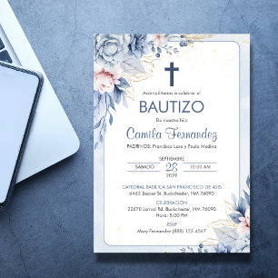 Invitation Invitacion Bautizo Fleurs Bleues Religieuses Baptê