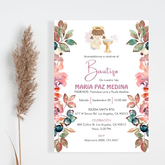 Invitation Invitacion Bautizo Fleurs fille Angel mignon Baptê
