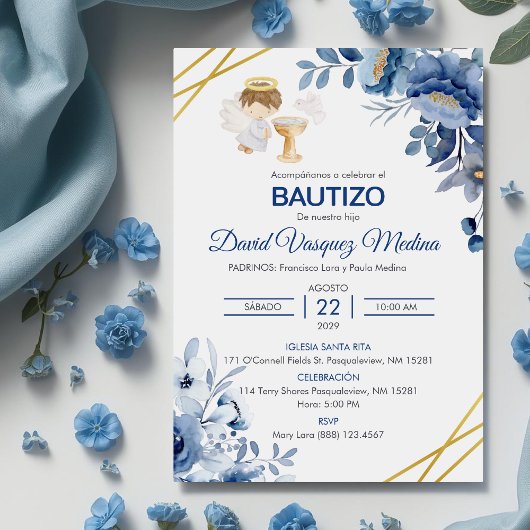 Invitation Invitacion Bautizo Fleurs mignonnes garçon Angel B
