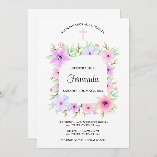 INVITATION INVITACION BAUTIZO FLORAL (Devant / Derrière)
