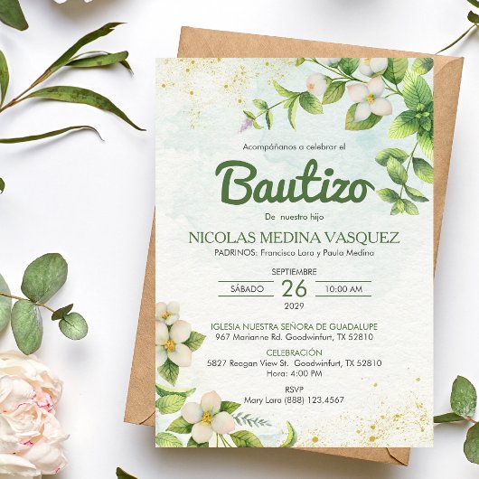 Invitation Invitacion Bautizo Green Feuilles & Fleurs Baptême