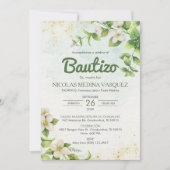 Invitation Invitacion Bautizo Green Feuilles & Fleurs Baptême (Devant)