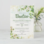 Invitation Invitacion Bautizo Green Feuilles & Fleurs Baptême (Debout devant)