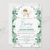Invitation Invitacion Bautizo mignon feuilles garçon Angel Ba (Devant)