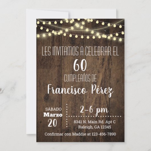 Invitation Invitación Birthday invitation, brown wood, lights (Devant)