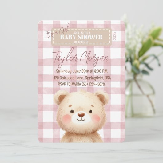 Invitation Invitación Blue Gingham Teddy Bear (Debout devant)