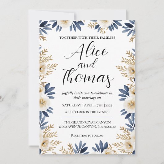 Invitation Invitación Boda Primavera Elegante Floral BlueGold (Devant)