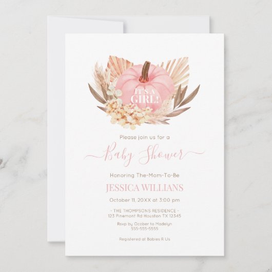 Invitation Invitación Boho Pampas Pumpkin pink baby shower (Devant)