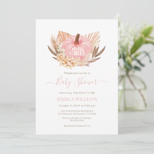 Invitation Invitación Boho Pampas Pumpkin pink baby shower (Debout devant)