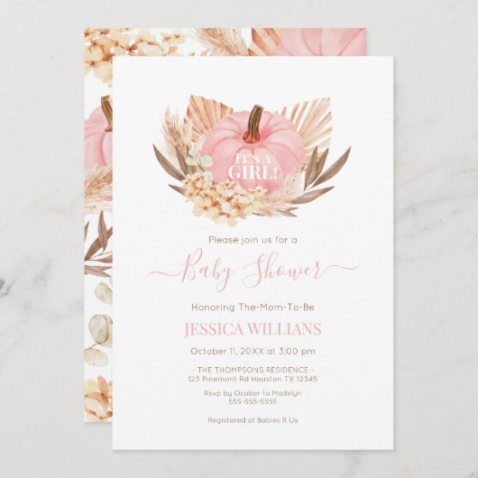 Invitation Invitación Boho Pampas Pumpkin pink baby shower (Devant / Derrière)
